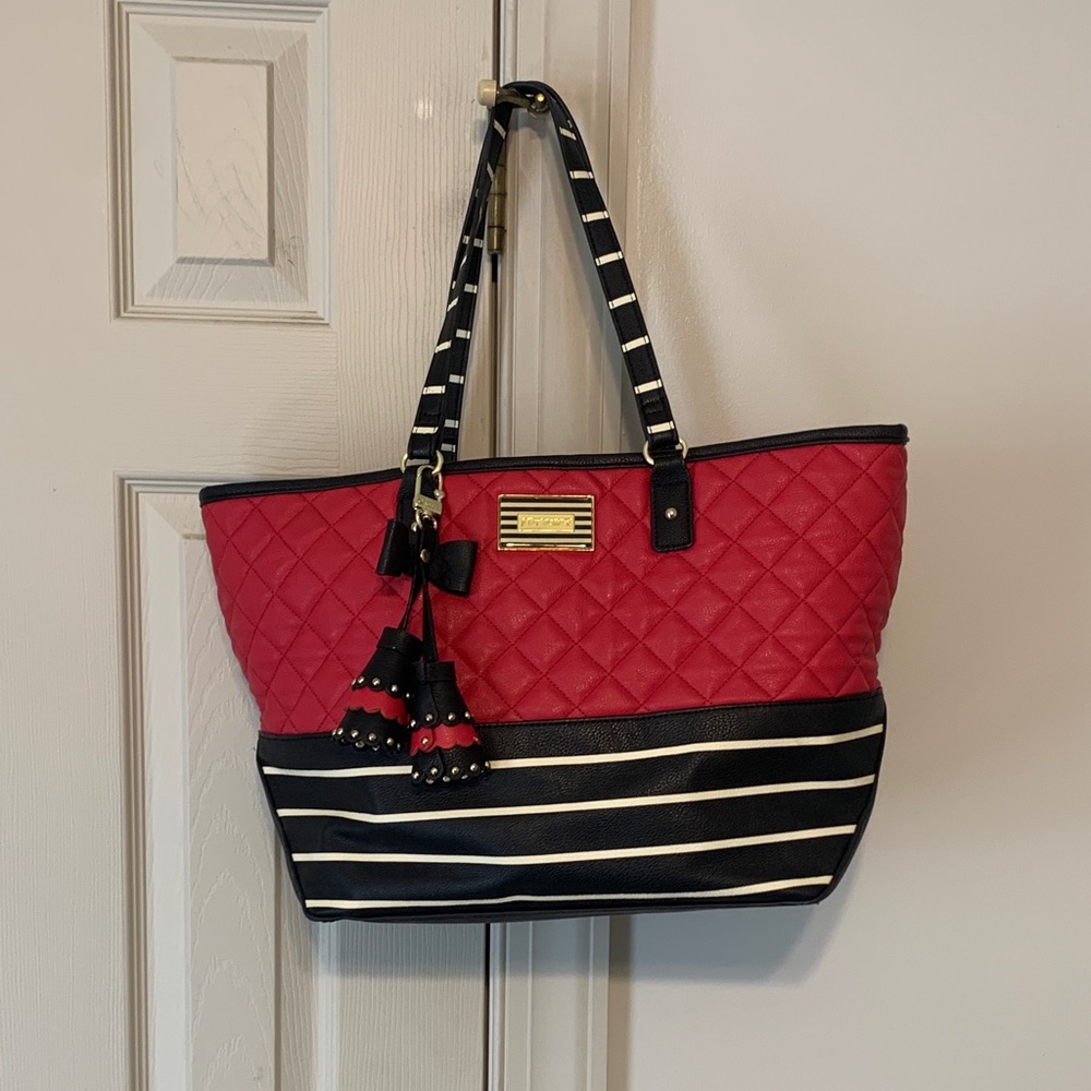 Betsy Johnson-Stylish Red and Black Quilted Tote Bag
